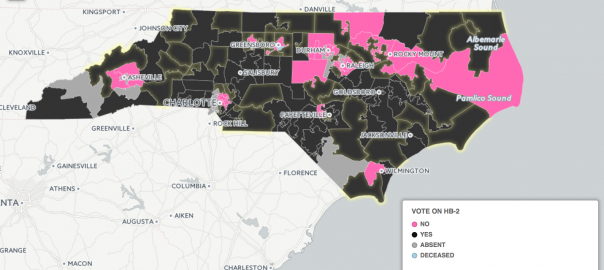 Map of HB2 votes by NC House district